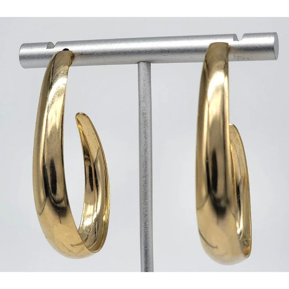 Gold Tone Oval Hoop Earrings Large Polished Unmarked Statement Jewelry Vintage S